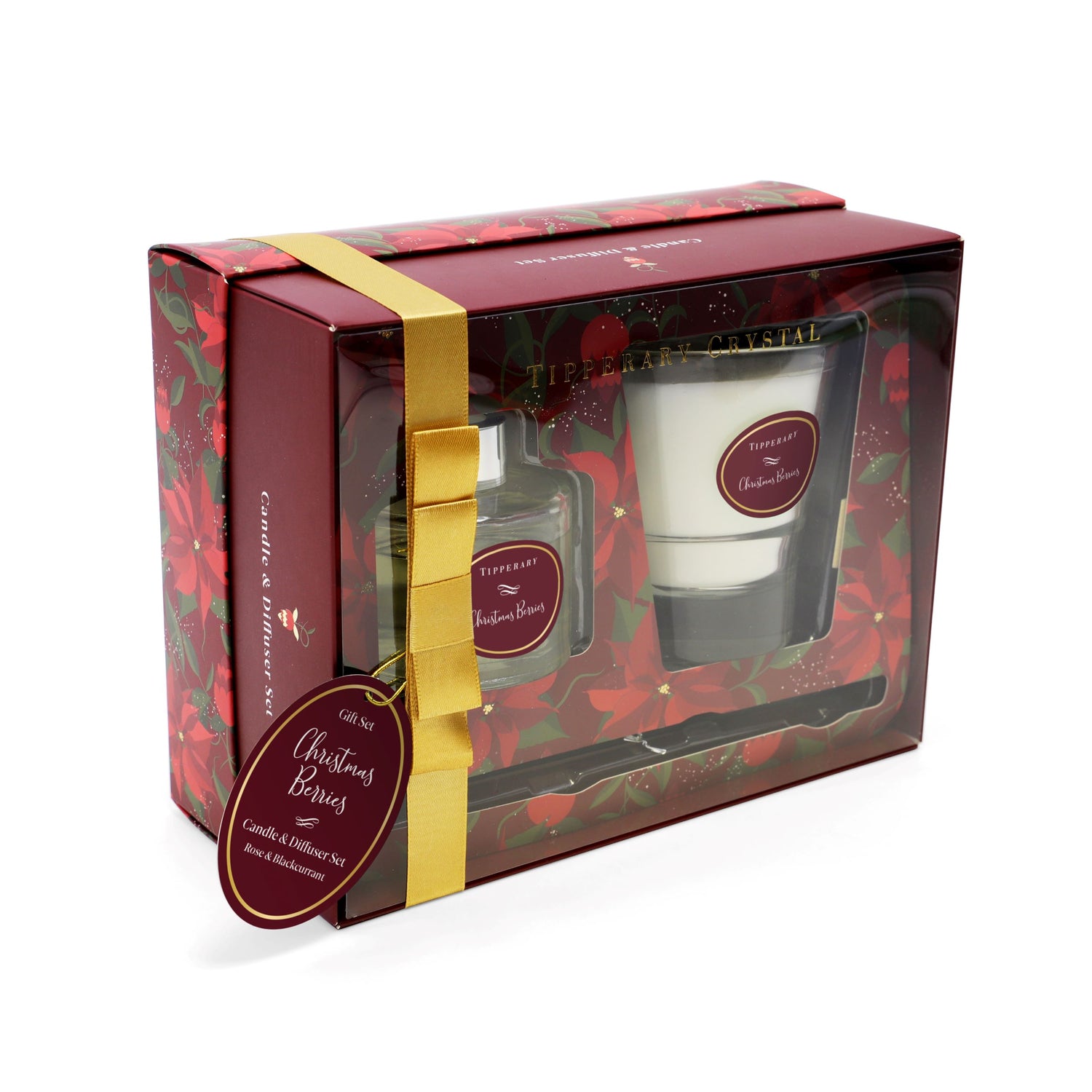 Tipperary Crystal Poinsettia Candle &amp; Diffuser Set - Christmas Berries 2023