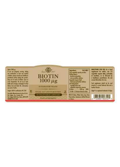 Solgar Biotin 1000 mcg Vegetable Capsules